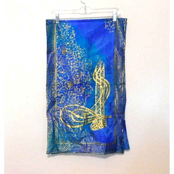 Silk Wrap Made In Bursa 16" X 53" Rectangular Scarf Blue Gold Pattern Design - Picture 4 of 7
